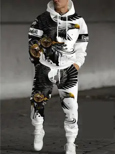 Autumn casual 3D printed animal eagle pattern, cool style long sleeved hooded sweatshirt, men's sports pants set, hooded sports two-piece set, Streetwear Tracksuit Set