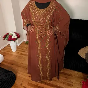 Luxury Hand Beaded Abaya with Intricate Gold Embroidery and Rich Brown Color