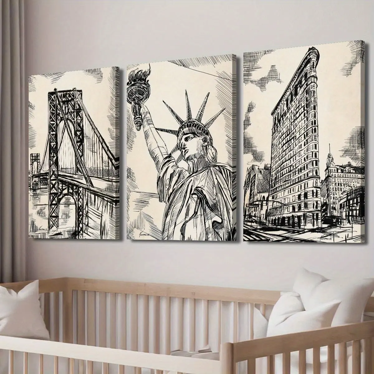 Brooklyn Bridge & Statue of Liberty Pencil Drawing Style Poster Set, Home Wall Art Decor, High-Quality Print, Modern Simple Design