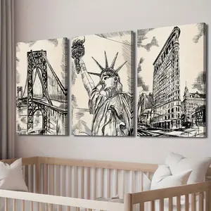 Brooklyn Bridge & Statue of Liberty Pencil Drawing Style Poster Set, Home Wall Art Decor, High-Quality Print, Modern Simple Design