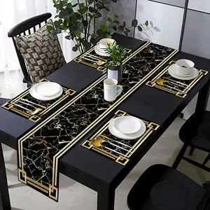 Luxurious Black Golden Marble Table Runner And Placemats  For Kitchens, Dining Tables, Living Rooms, Indoor And Outdoor