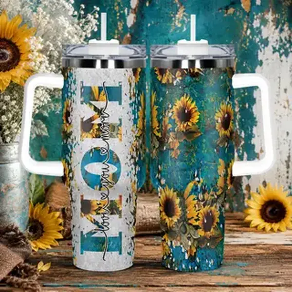 Sunflower Pattern Tumbler, 1 Count Stainless Steel Insulated Cup, Durable Water Bottle, Perfect for Her, Unique Birthday Gift for Mother, Wife, Women, Drinkware