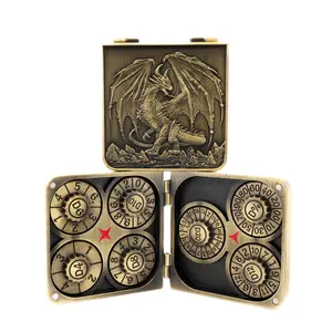 Dragon-Inspired 7-in-1 Foldable Metal Spinning DND Dice Set, All-Metal Construction, Compact Travel-Friendly Quiet Spins, Antique Brass Finish, Brown Leather Pouch