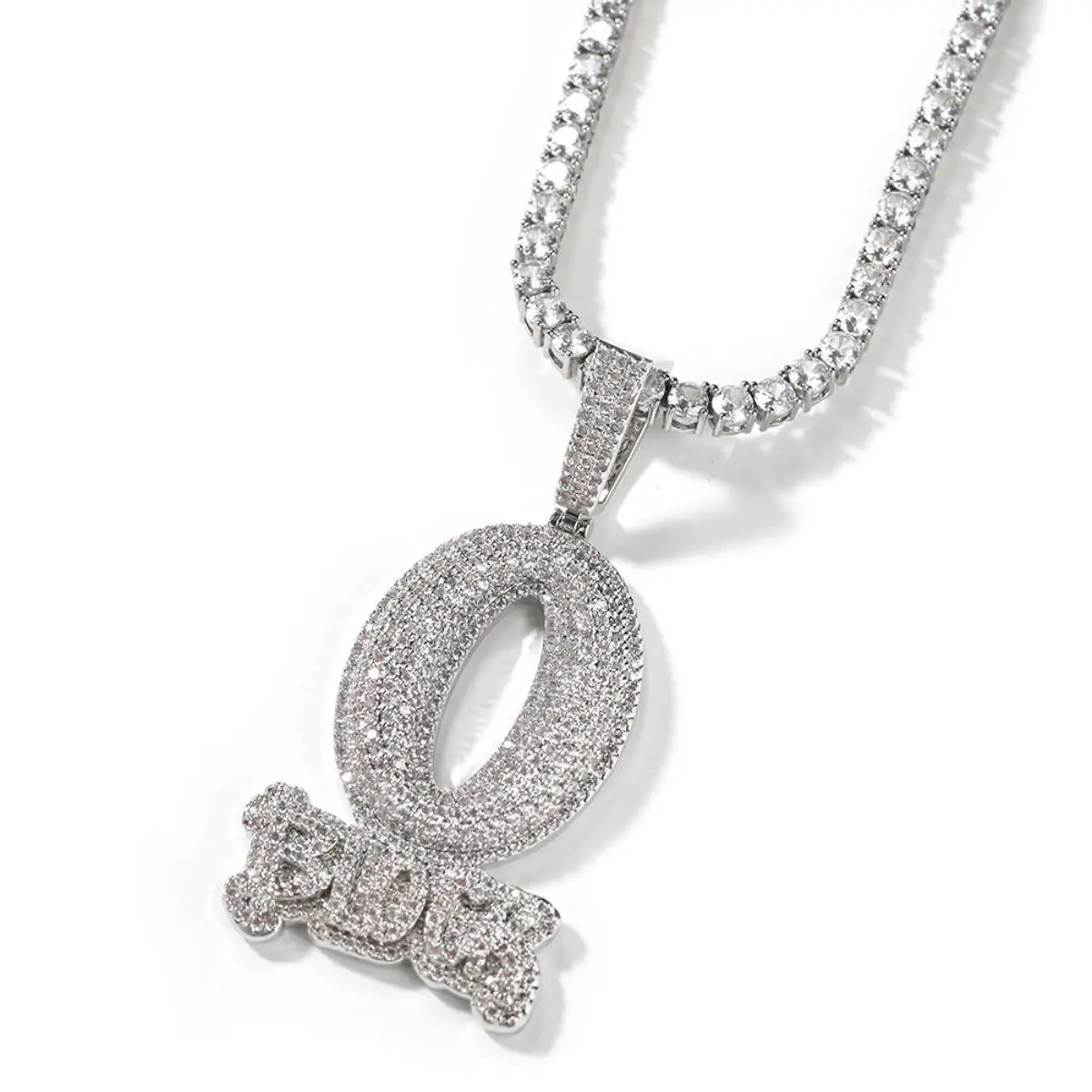 Hip Hop Trend Full Diamond O BLOCK Zircon Letter Pendant Necklace Men's Fashion Simple Jewelry Accessories Gold Jewelry