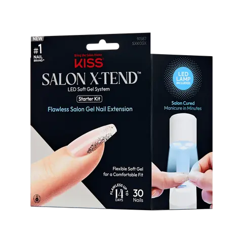 Kiss Salon X-tend LED Soft Gel Press On Nail Starter Kit System - Idol | French, Metallic Gold, Medium, Coffin