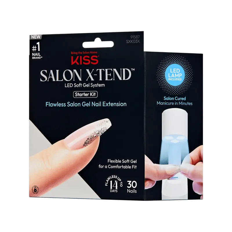 Kiss Salon X-tend LED Soft Gel Press On Nail Starter Kit System - Idol | French, Metallic Gold, Medium, Coffin