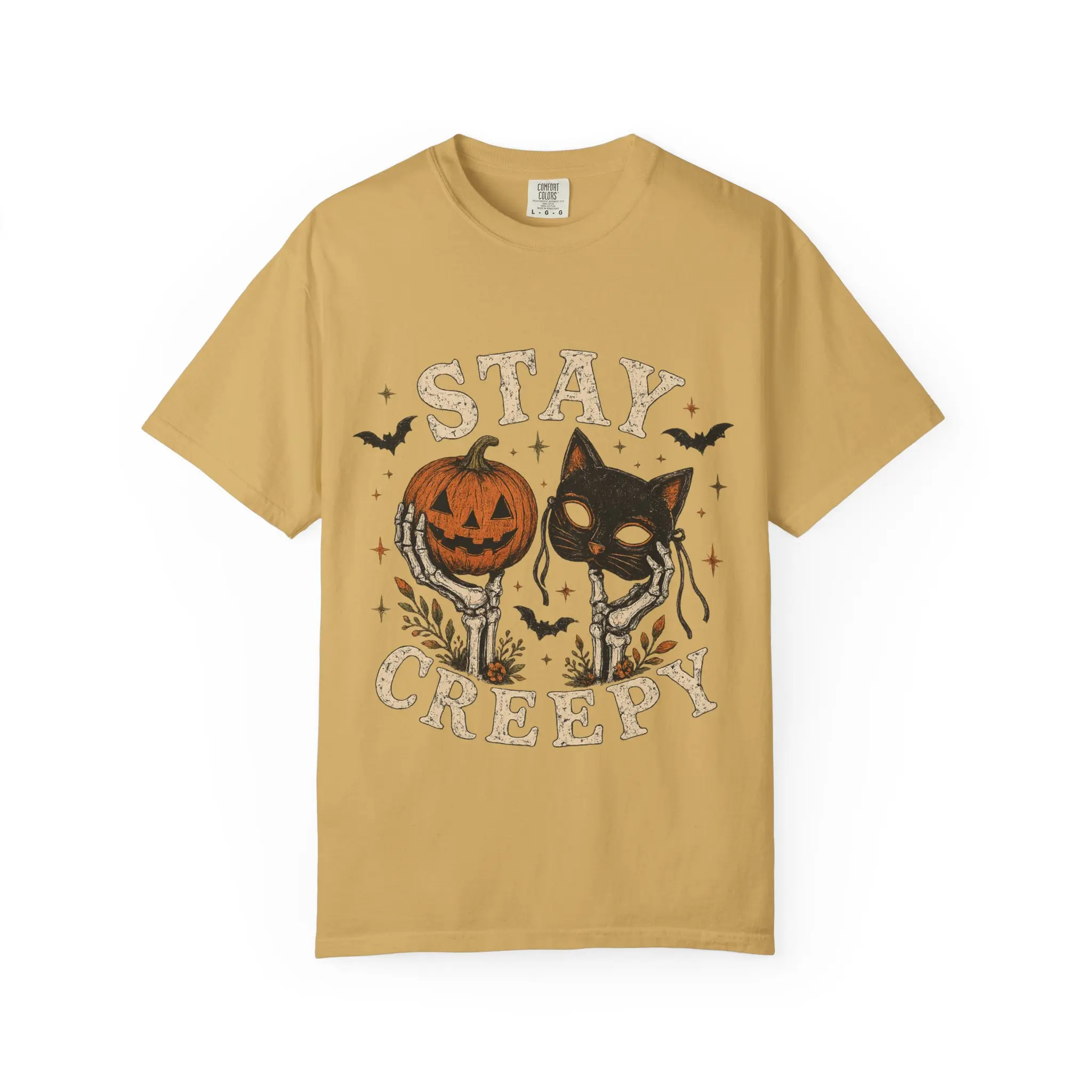 Stay Creepy cat with jack-o-lantern T-shirt | Halloween spooky bats design