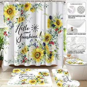 4Pcs Spring Sunflower Shower Curtain Set with Non Slip Rugs, Toilet Lid Cover and U-Shape Bath Mat,  Bathroom Decor Spring Bathroom Set,SunflowerShower Curtains with 12 Hooks