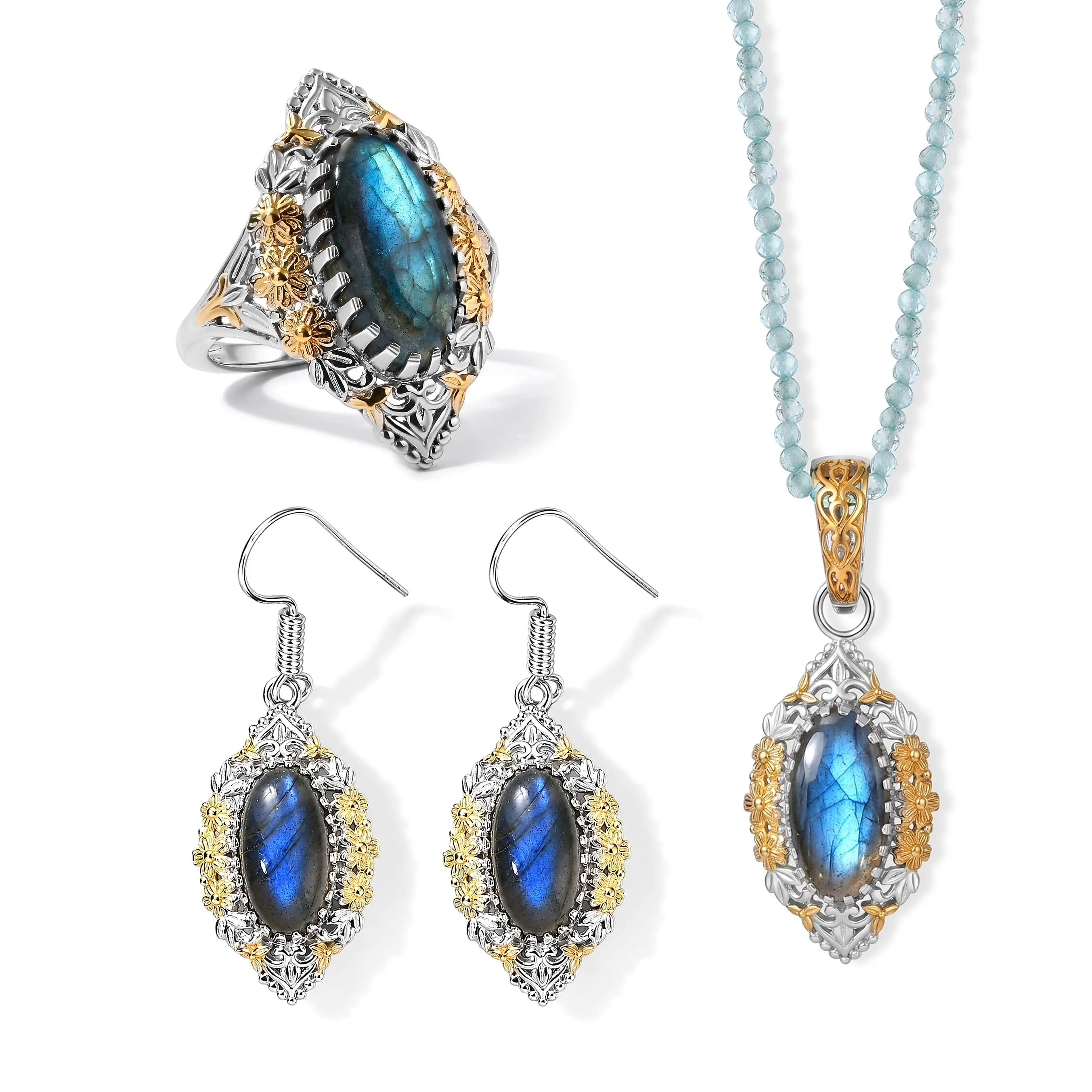 EverTrue Malagasy Labradorite 87.15 ctw Earrings, Ring (Size 6.0) and Pendant with Apatite Beaded Necklace (20 Inches) in 18K YG Plated and Platinum Bond
