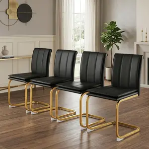 Modern Dining Chairs Set of 4 PU leather black kitchen chairs, restaurant chairs, suitable for kitchens, living rooms, bedrooms, and offices, and metal legs, Golden
