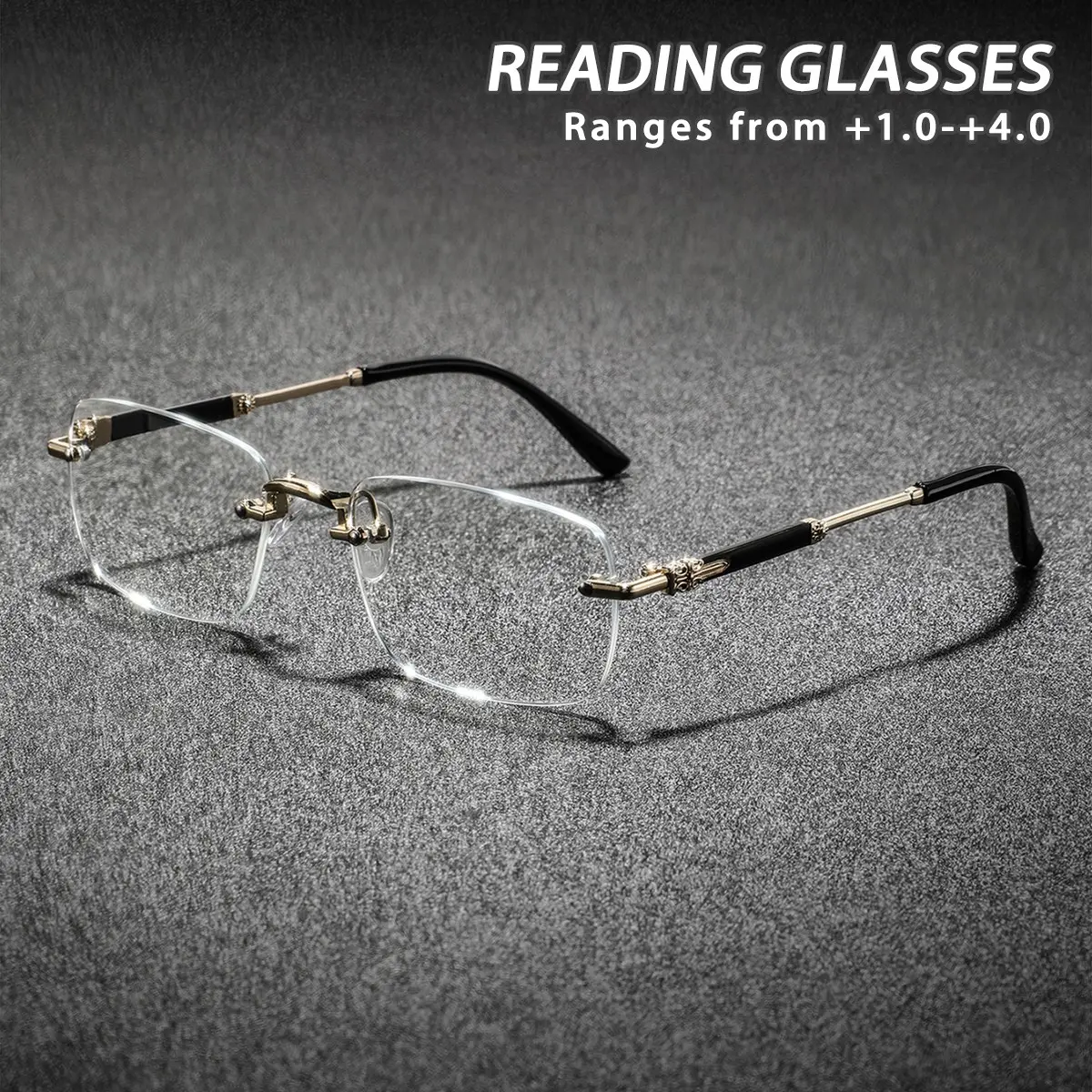 Men's Metal Square Frameless Reading Glasses, Vintage Elegant Luxury Casual Business Style, Fashion Old Flower Eyeglasses, High Quality Eyewear, Rimless Eyeglasses