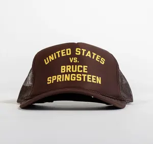 United States vs. Bruce Springsteen Trucker Hat – Brown Mesh Cap with Yellow Print