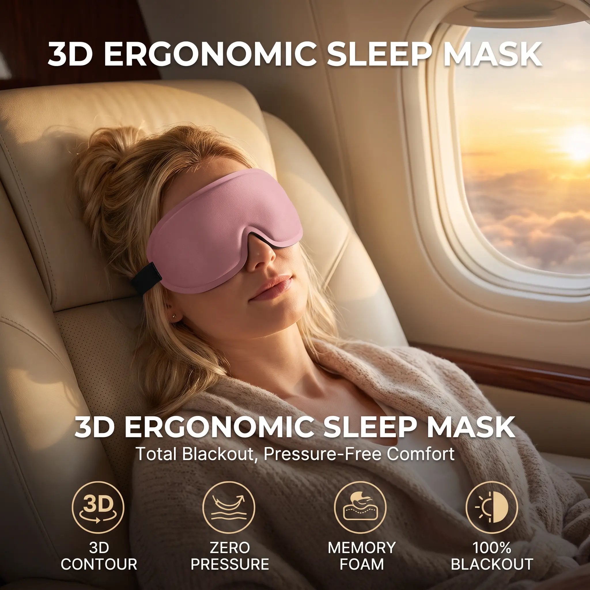 3D Contoured Sleep Mask for Side Sleepers, Light Blocking Sleep Eye Mask with Deep Eye Cups & Adjustable Strap for Sleeping