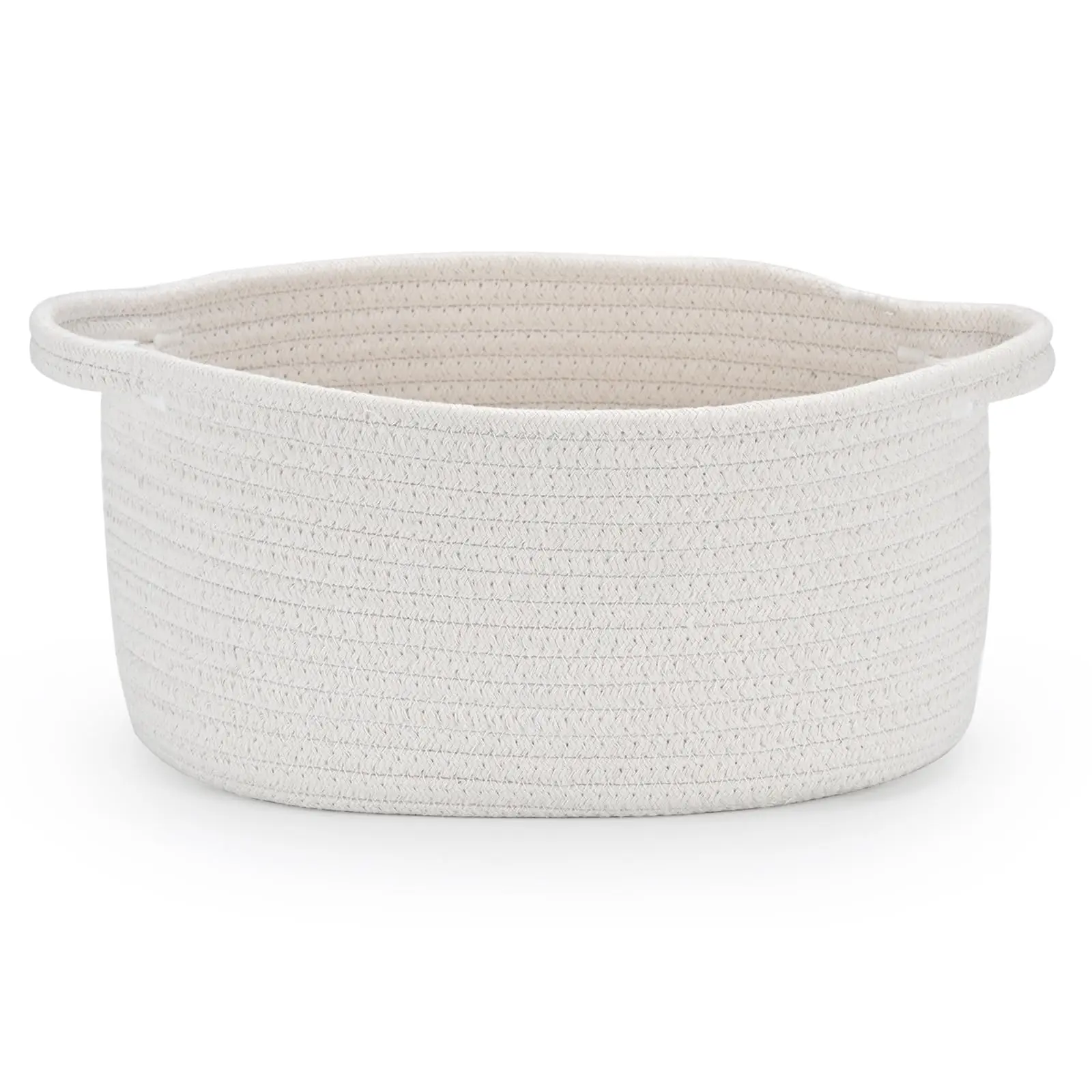 Woven Cotton Rope Basket with Handle - Medium, Lightweight, Foldable, Portable Home Organizer for Baby Shower Gift, Nursery Clothes Storage (13" Dia x 8" W x 6" H)