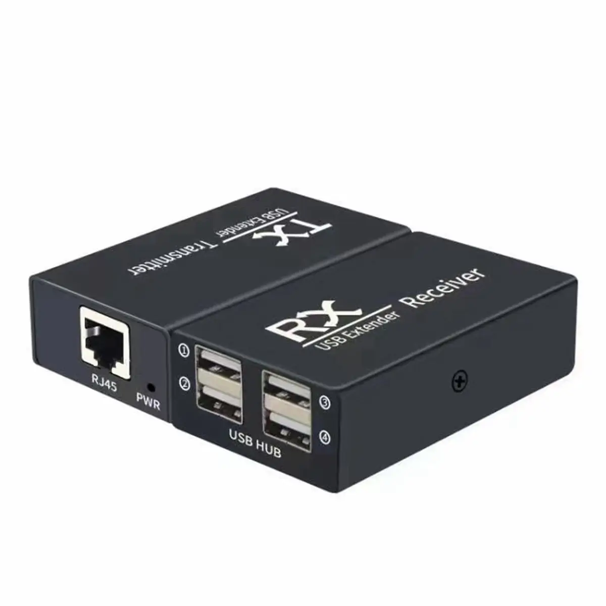 Long-Range Metal USB Extender Transmitter Set (2 Units) - 120M 4-Port USB1.1 Hub, Extends USB via RJ45 Ethernet UTP, US Plug Receiver, Two Units