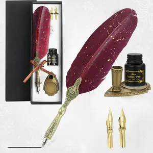 Vintage Feather Pen and Ink Set, Classic Series Goose Quill Pen with Carving Pen Stand, Calligraphy Pen Nibs, Black Dip Pen Ink, Antique Writing Gift for Holidays,Give to dad/mom/friend graduation  gift
