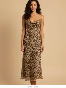 Women's suspender dress with animal pattern mesh and low neckline, featuring a backless design