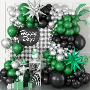 Black And Green Silver Balloon Arch Kit With Explosion Star Balloons, 105Pcs Emerald Forst Green And Chrome Metallic Silver Balloons Garland For Wedding Birthday Football Graduation Party Decorations