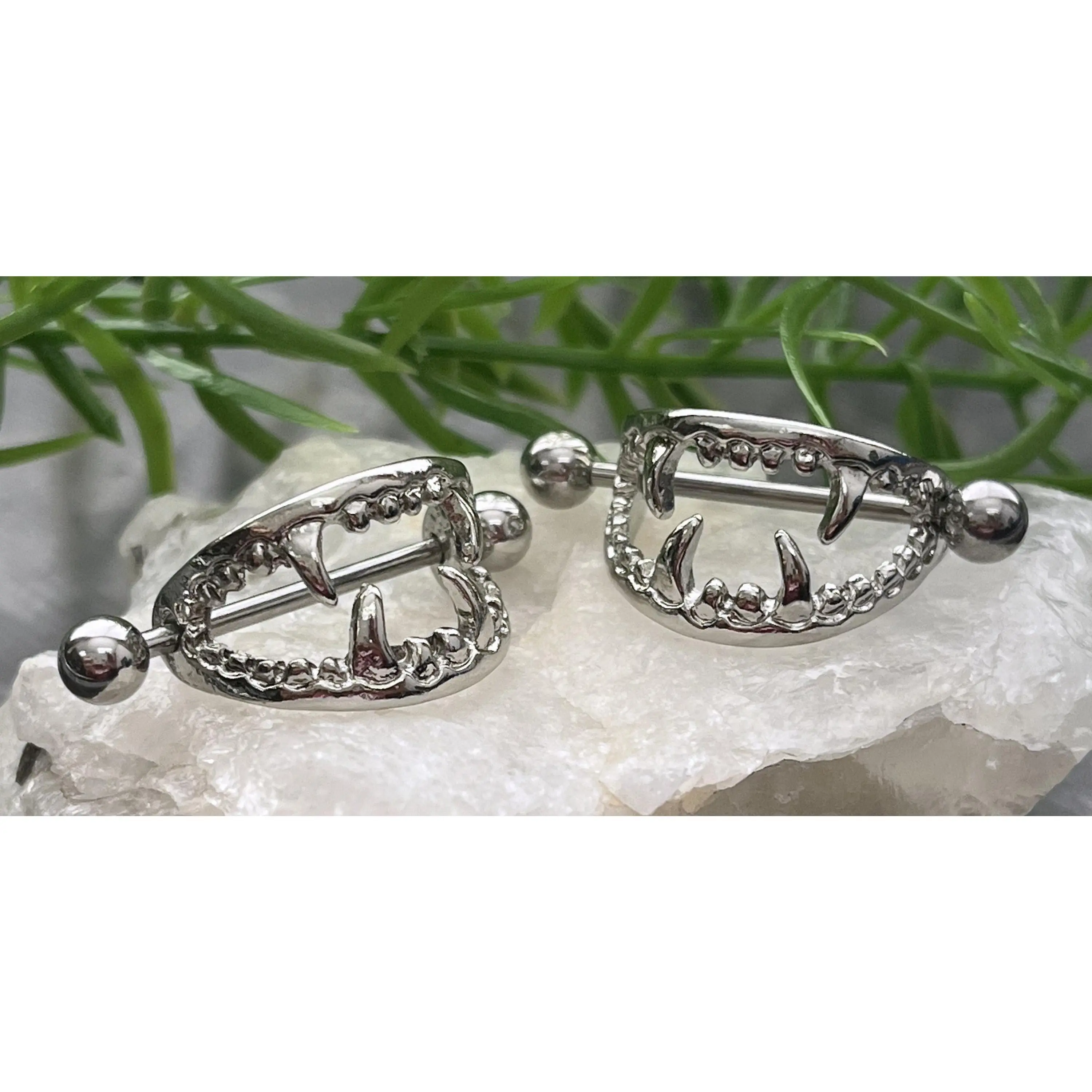 PAIR of Unique Vampire Fangs Nipple Shields Barbell Rings