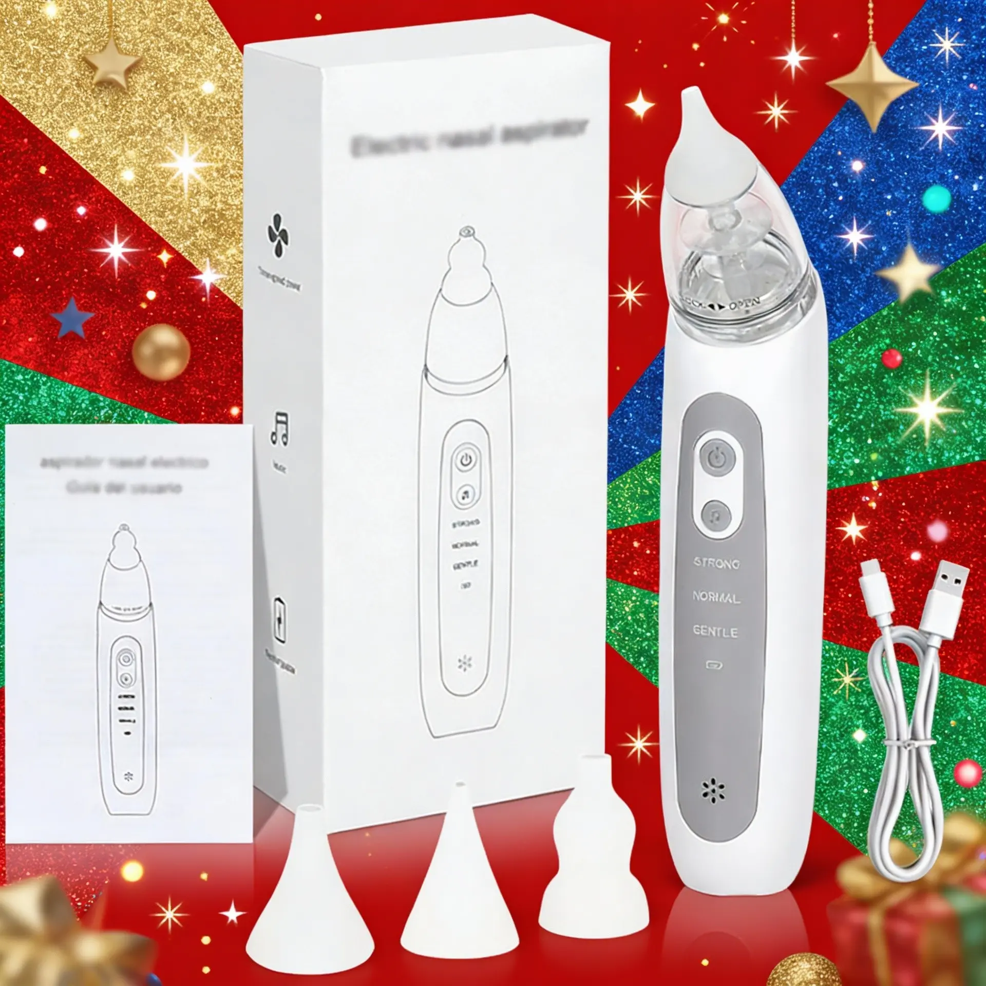 Electric Nasal Aspirator with Music Lights, USB Rechargeable 400mah Battery, Three Adjustable Modes, Includes Three Silicone Heads