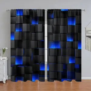 2Pcs Black Blue Abstract Cube Pattern Curtain Panel, Modern Geometric Style, Pole Pocket, Semi Sunshade, Home Decor for Living Room Bedroom Balcony Kitchen Study & Shower, Window Accessory, Anti Privacy.
