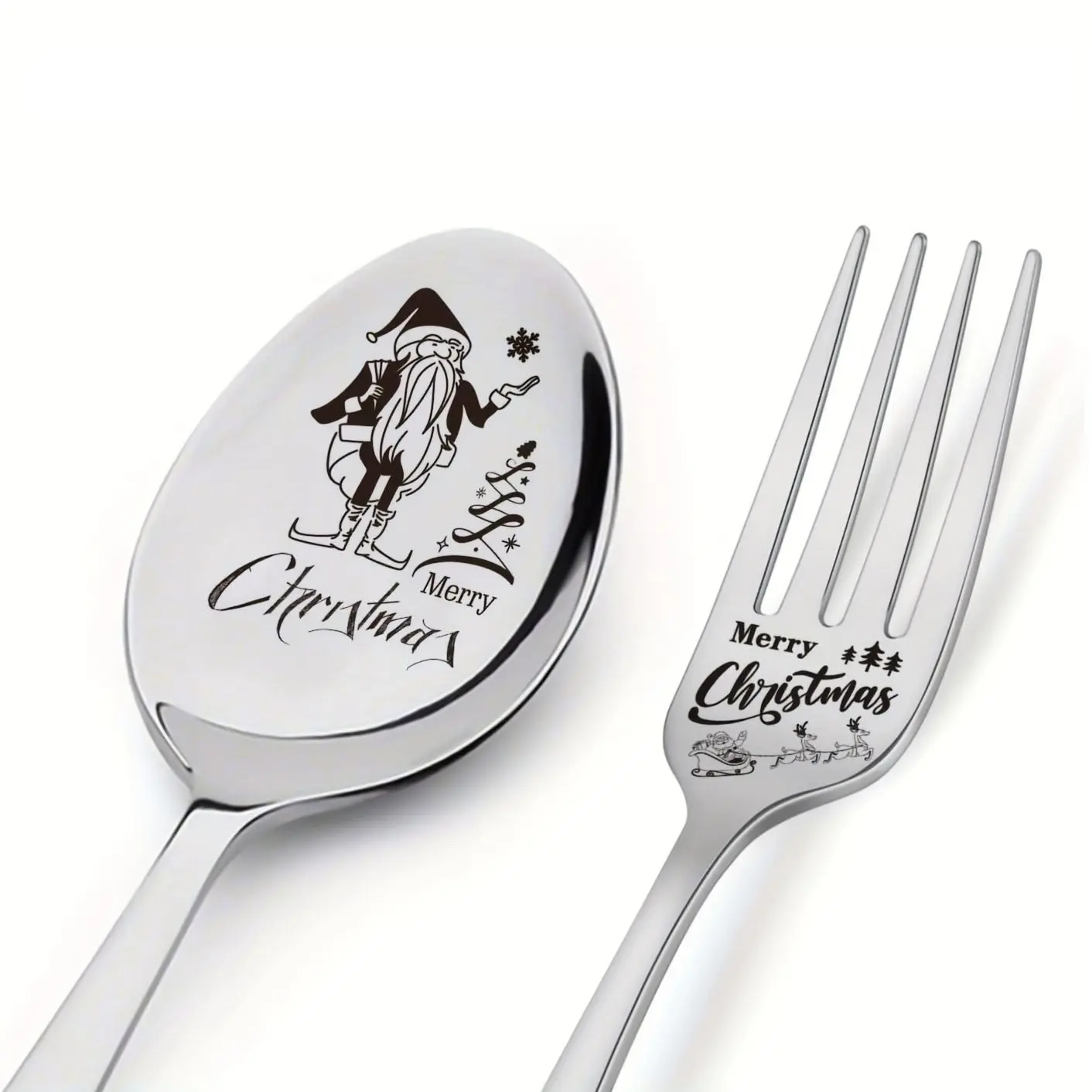 Personalized Laser Engraved Stainless Steel Spoon & Fork Set, Durable Holiday Party Tableware Gift Idea, Elegant Design for Celebrations