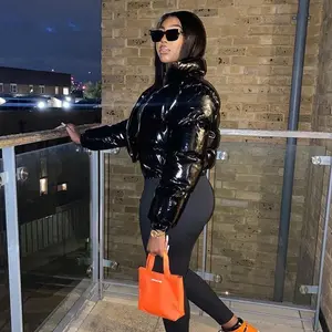 MWO-Chic Black Cropped Puffer Jacket, High - Shine Finish, Matching Leggings. Perfect for Fall/Winter Evening Outings, City Walks, Trendy Gatherings. Stylish, Edgy, Effortlessly Cool. Elevate Your Look!