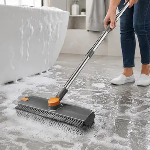 3-in-1 Rotatable Home Cleaning Products Floor Scrub Brush - Heavy Duty Cleaning Squeegees with Silicone Squeegee, Stainless Steel Tweezer, Stiff Bristles, Long Handle 90° Bristle Push Broom for Patio, Tile