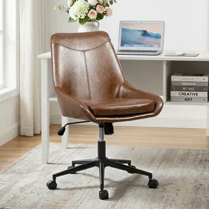 Modern Faux Leather Office Chair - Retro Brown Swivel Desk Chair with Mid-Century Aesthetic, Adjustable Height Computer Chair for Home Office, Comfy Padded Vanity Chair, Stylish Study Room Seat