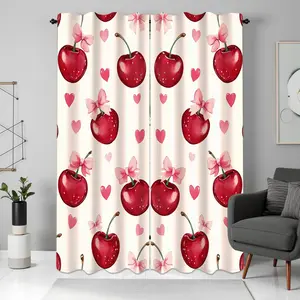 Cherry Pattern Curtain, 2 Counts/set Modern Art Printing Curtain, Home Decorative Curtain for Living Room Bedroom Study Room Window Curtain