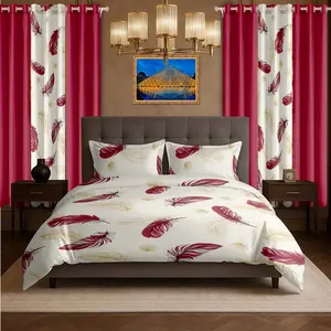9-Piece Feather & Wave Pattern Bedspread & Window Panel Bundle, Soft Microfiber Material, Washable Fabric Bedding Set with Pillow Shams, Bamboo-Cotton Touch, Lightweight All-Season Comfort (Queen, King, Cal King; Red, Gray, Black)