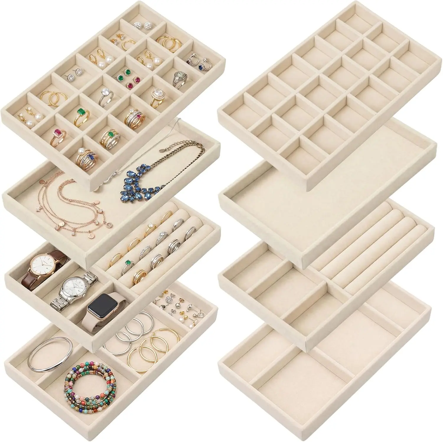 Set of 8 Velvet Jewelry Trays, Stackable Jewelry Organizer | Jewelry Drawer Inserts Divided Display Trays for Earring, Necklace, Ring, Bracelet (4 Styles, Beige)