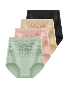 4 Pack Women's High Waist Cotton Lace Underwear No Show Breathable Panties Full Coverage Invisible Brief XS-XXL Pastel Womenswear