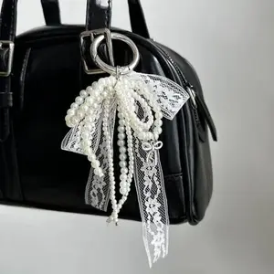 Sweet Handmade White Beaded Bowknot Lace Bag Charms Pendant Keychain Exquisite Backpack Keyring Decoration Fashion Accessories