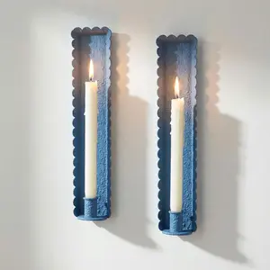 Blue Wall Candle Sconces Set of 2, Scalloped Edge Box-Shaped Cast Iron Farmhouse Church Holders for Taper Candles, Wall Mounted Rustic Candle Sconce for Living Room, Dining Room Decor