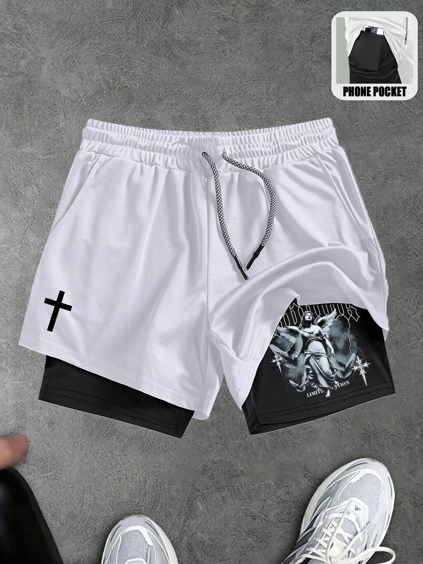 Cross and Angel Graphic Gym Shorts, Double Layer Compression Shorts with Pockets, 2 In 1 Quick-Dry Running Basketball Shorts, Ideal for Fitness Training