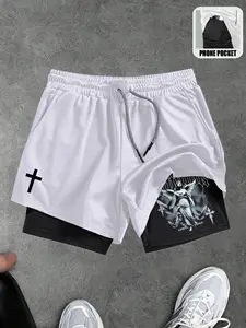 Cross and Angel Graphic Gym Shorts, Double Layer Compression Shorts with Pockets, 2 In 1 Quick-Dry Running Basketball Shorts, Ideal for Fitness Training