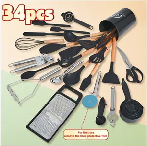 34pcs Silicone Kitchen Utensils Set with Wooden Handle