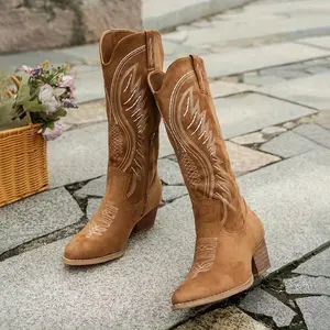 Women's Chunky Very Cowboy Boots, Fashion Point Toe Dress Boots, Women's Stylish Mid Calf Boots Camel