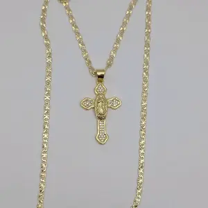 CROSS WITH VIRGIN MARY clear stone's style Gold-plated beautiful design 18"inches shorter