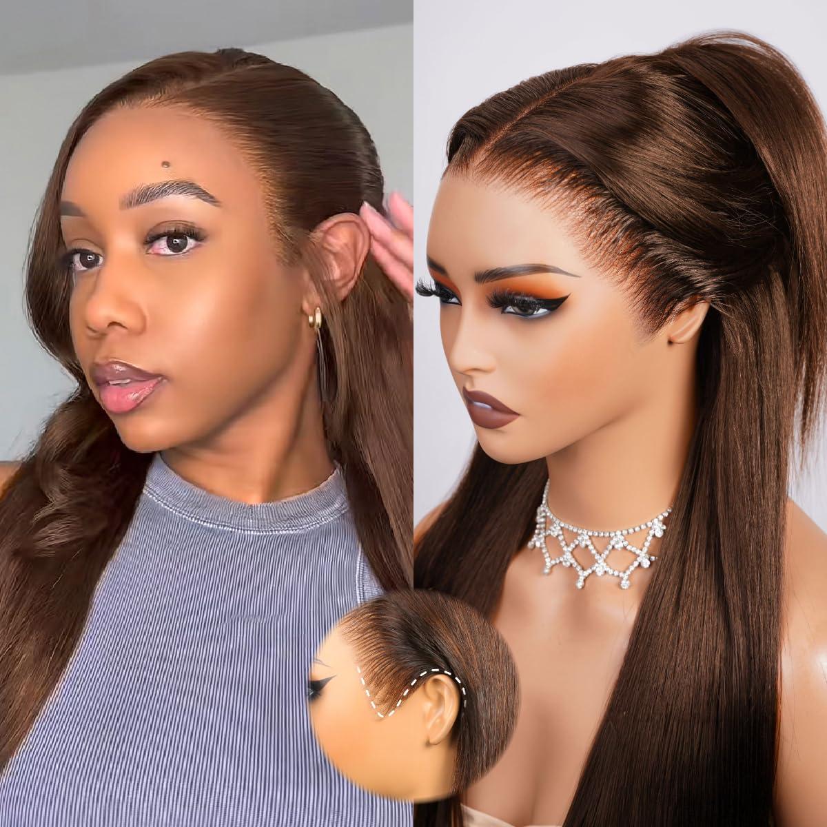 [-Blend Hair-]28inch YAWAWE Hair Chocolate Brown Blend Human Hair Lace Front Wigs Pre Plucked 13x6 Straight High Density Colored #4 Light Brown with Drawstring Effortless Install Ear to Ear Bone Straight 13x6 Lace Front Wig with Baby Hair