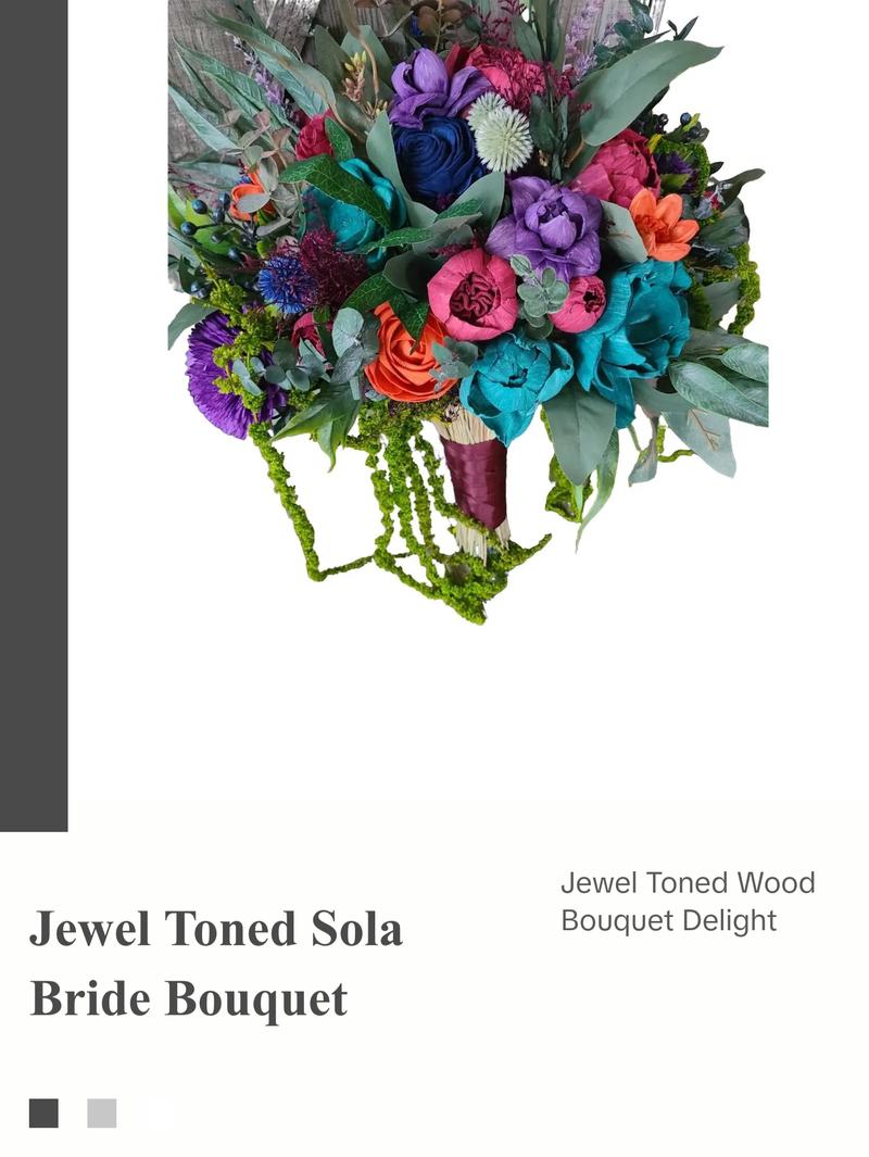 Moody Jewel Toned Wood Flower Bouquet, Teal and Purple Sola Bride Bouquet, Hanging Greenery Bouquet