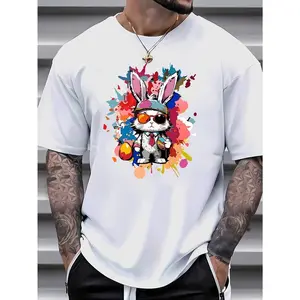 Men'S Summer Casual Crew Neck T-Shirt, 95% Polyester 5% Spandex Knit Fabric, Short Sleeve with Slight Stretch, Alphabet Print Design, Regular Fit