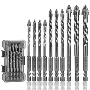 Upgraded  Masonry Drill Bit Set - (1/4"-9/16") 10- Professional Serrated Carbide Tip Drill Bits for Concrete, Brick, Tile, Glass, Ceramic, Stone,  & Plastic