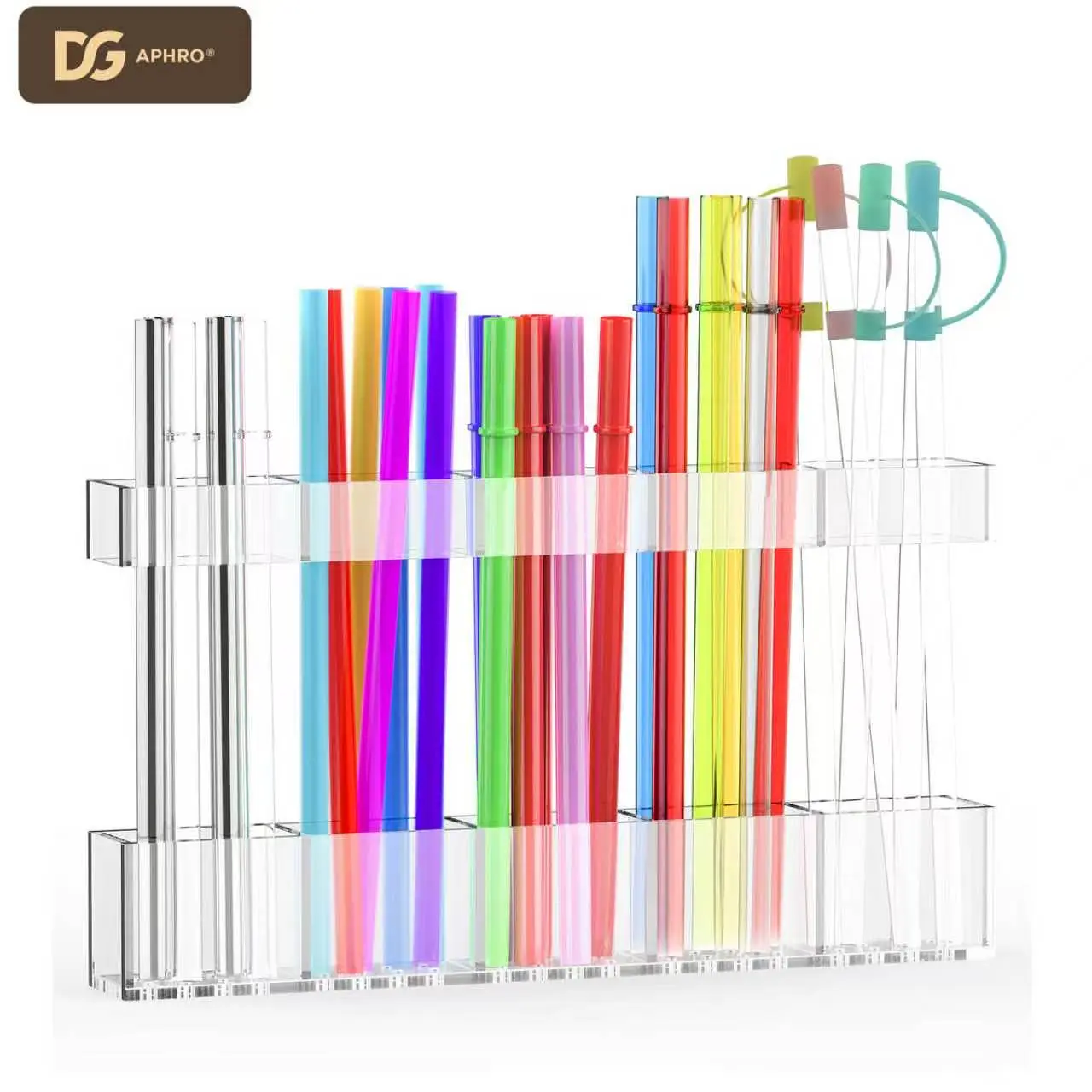 DGAPHRO Clear Acrylic Straw Holder Organizer - 2-Piece Adjustable Split Design, 5 Vertical Compartments, 9.5 inches Wide, No-Drill Adhesive, Cabinet Door Mount, Fits Reusable Straws/Paint Brushes, Kitchen Space Saver