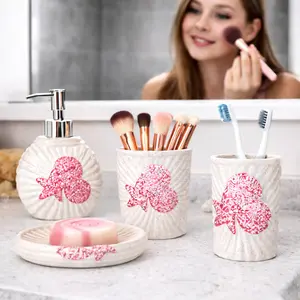 Ceramic Coastal Seashell Vanity Set 4PC Includes Liquid Soap Dispenser Soap Dish Toothbrush Holder & Tumbler Brush Holder