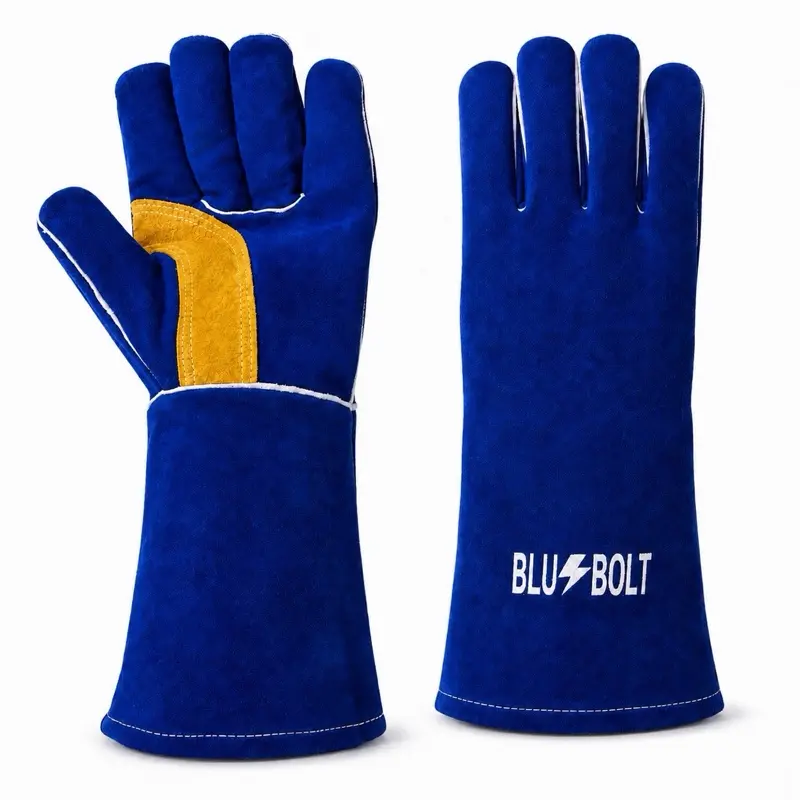 Blu-Bolt Heavy-Duty MIG Welding Gloves – Heat-Resistant, Reinforced Leather With Fleece Liner