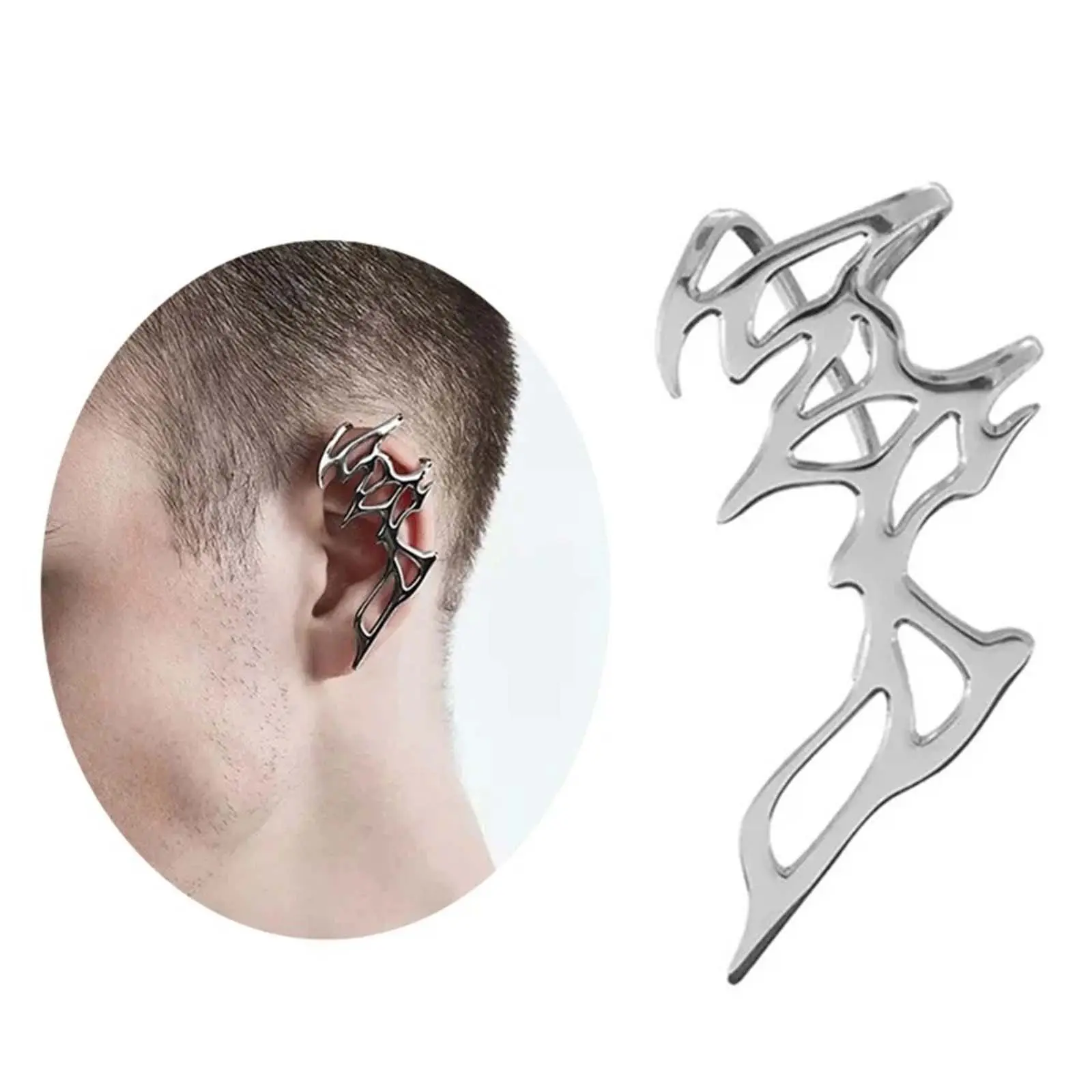 Cyberpunk Mechanical Ear Clip Set, Asymmetrical Non-Piercing Cuffs with an Industrial Edge and Artificial Gemstone