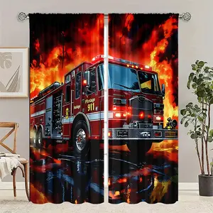 2pcs Fire truck and flames Pattern Printed Curtains, semi-transparent polyester material, fade-resistant. Machine washable, rod pocket hanging, suitable for bedrooms and living rooms, home decoration