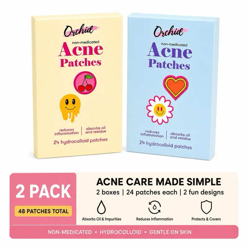 Orchid Non-Medicated Hydrocolloid Acne Patches 2-Pack Bundle, 48 Patches, Assorted Designs